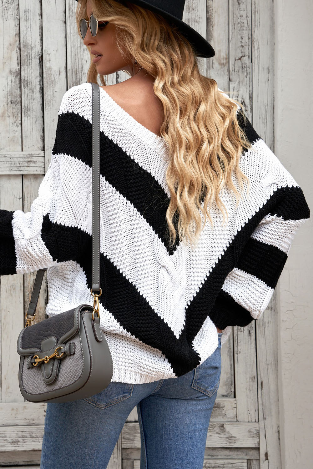 Chevron Cable Knit V-Neck Tunic Sweater