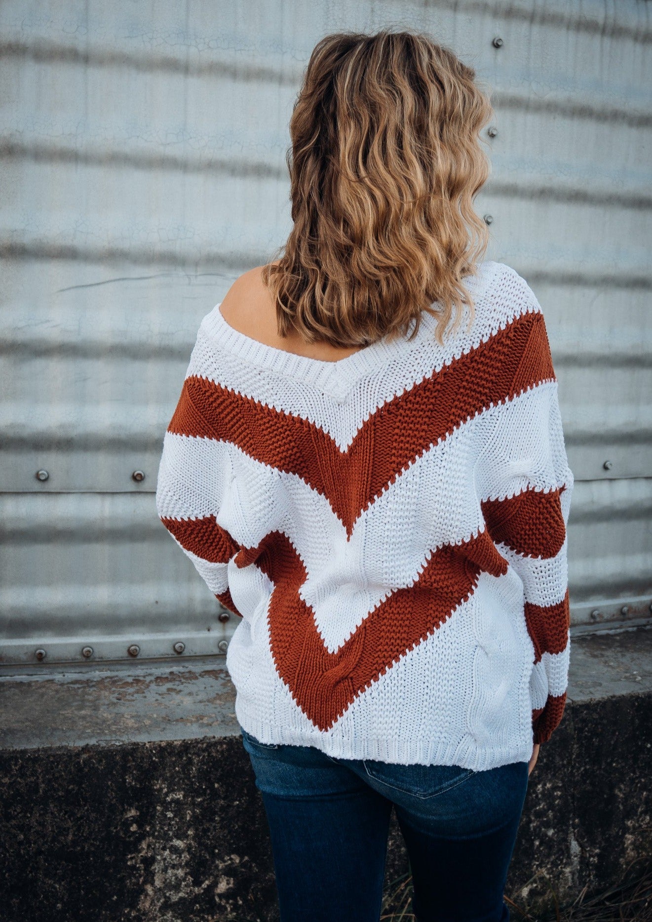 Chevron Cable Knit V-Neck Tunic Sweater