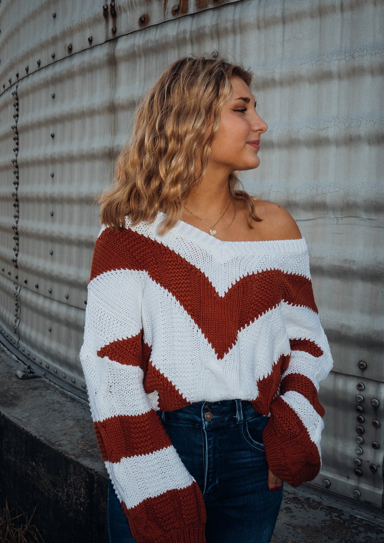 Chevron Cable Knit V-Neck Tunic Sweater